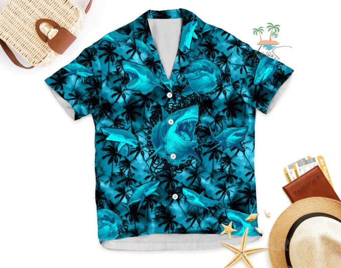 Scary Shark Blue Hawaiian Shirt, Beach Party Shark Lover Hawaii 5