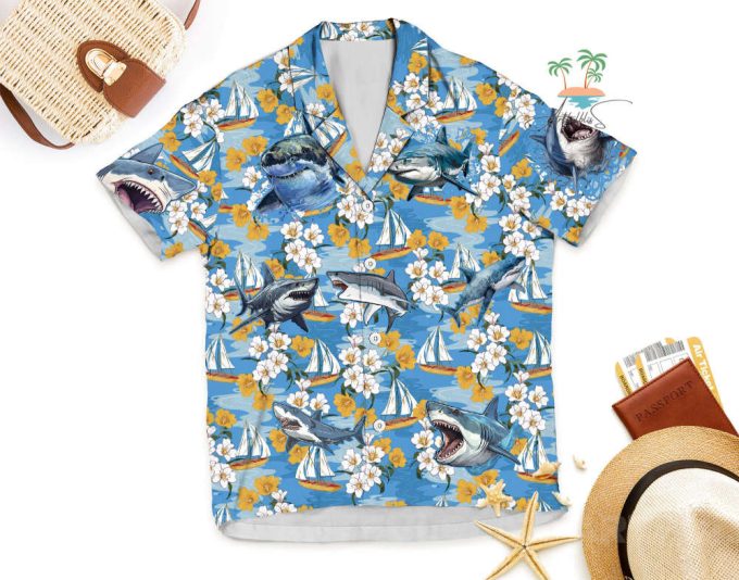 Shark Blue Hawaiian Shirt, Tropical Beach Vibes Hawaii Shirt 5