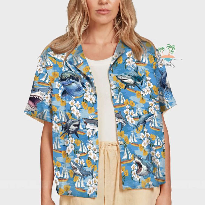 Shark Blue Hawaiian Shirt, Tropical Beach Vibes Hawaii Shirt 7