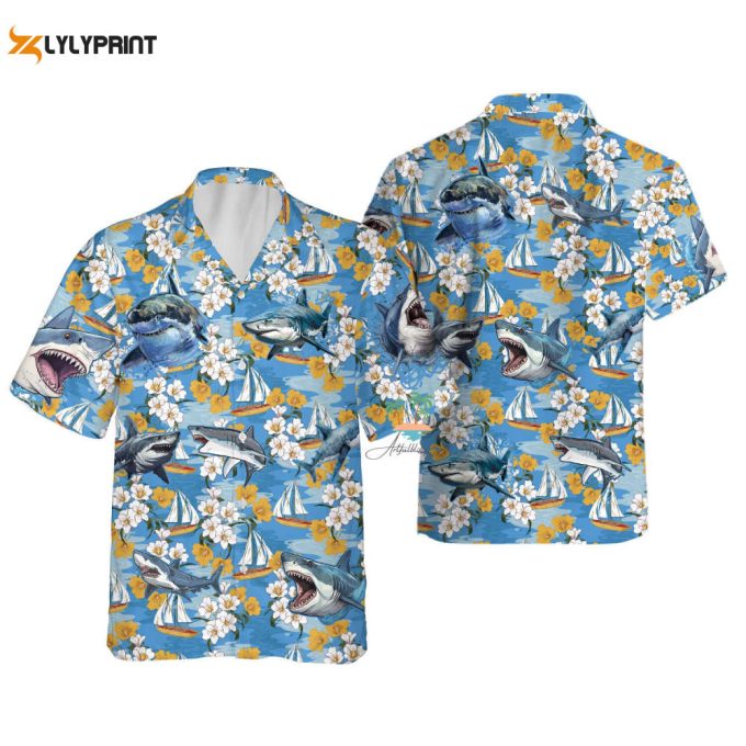 Shark Blue Hawaiian Shirt, Tropical Beach Vibes Hawaii Shirt 1