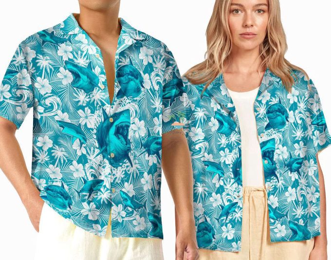 Shark Teal Hawaiian Shirt, Beach Party Shark Lover Hawaii Shirt 2