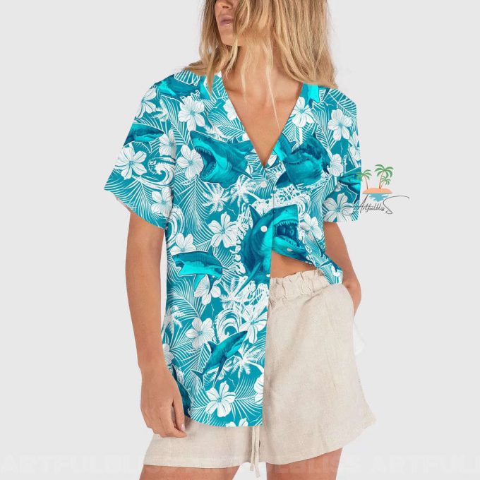 Shark Teal Hawaiian Shirt, Beach Party Shark Lover Hawaii Shirt 3