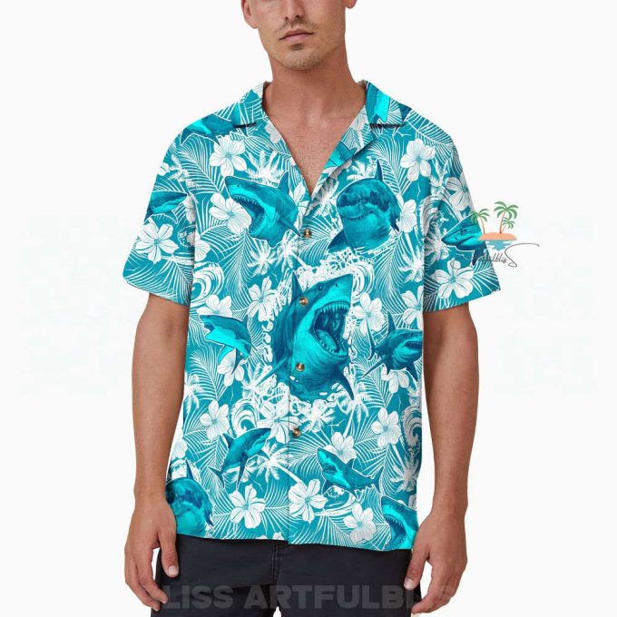 Shark Teal Hawaiian Shirt, Beach Party Shark Lover Hawaii Shirt 4