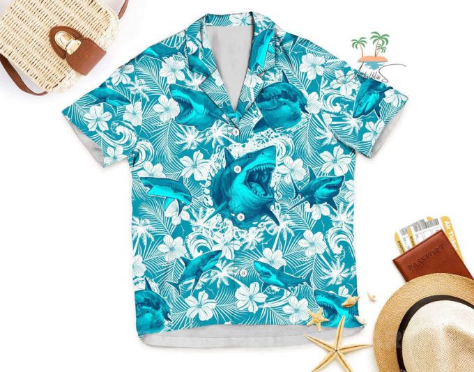 Shark Teal Hawaiian Shirt, Beach Party Shark Lover Hawaii Shirt 5