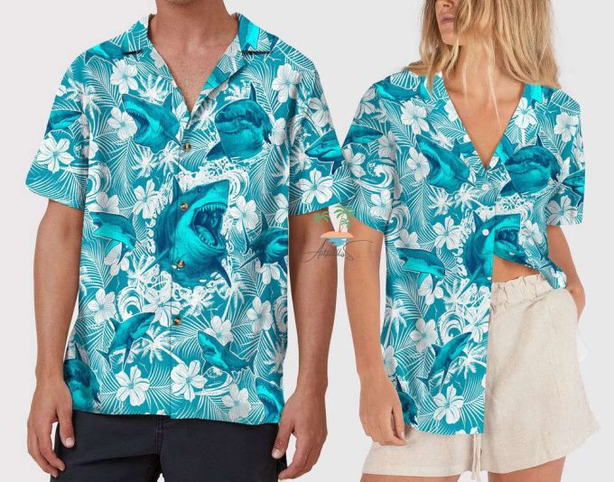 Shark Teal Hawaiian Shirt, Beach Party Shark Lover Hawaii Shirt 6