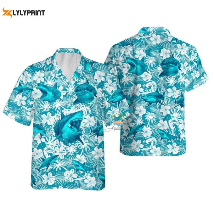 Shark Teal Hawaiian Shirt, Beach Party Shark Lover Hawaii Shirt 1