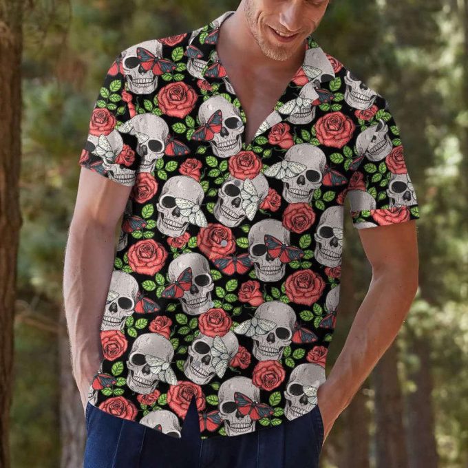 Skull And Flower Hawaiian Shirt, Horror Aloha Shirt 5