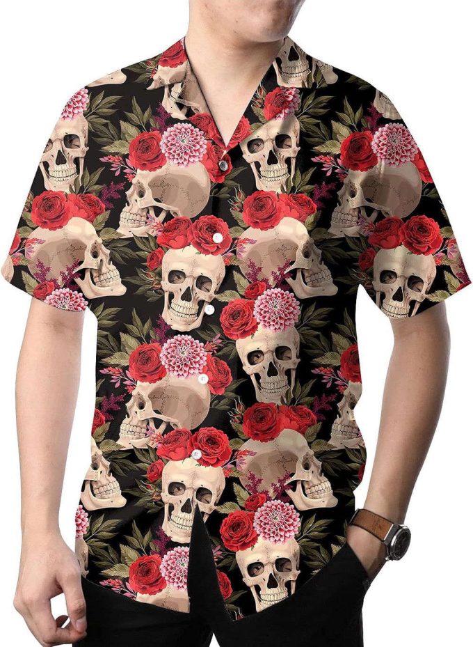 Skull And Flower Hawaiian Shirt, Horror Aloha Shirt 5