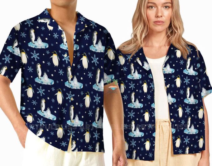 Snowflakes Penguin Hawaiian Shirt, Penguin Seamless Pattern Aloha Shirts 2