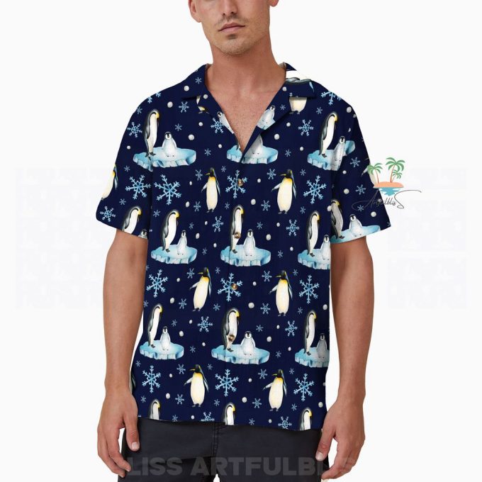 Snowflakes Penguin Hawaiian Shirt, Penguin Seamless Pattern Aloha Shirts 4