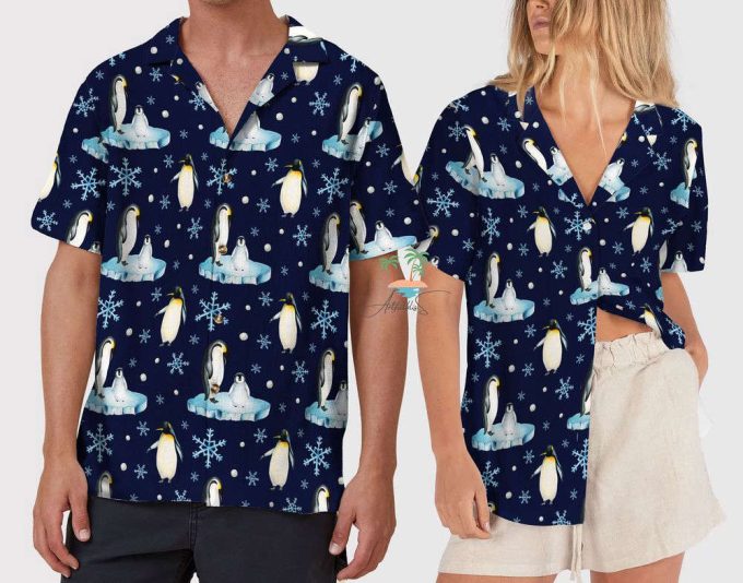 Snowflakes Penguin Hawaiian Shirt, Penguin Seamless Pattern Aloha Shirts 5