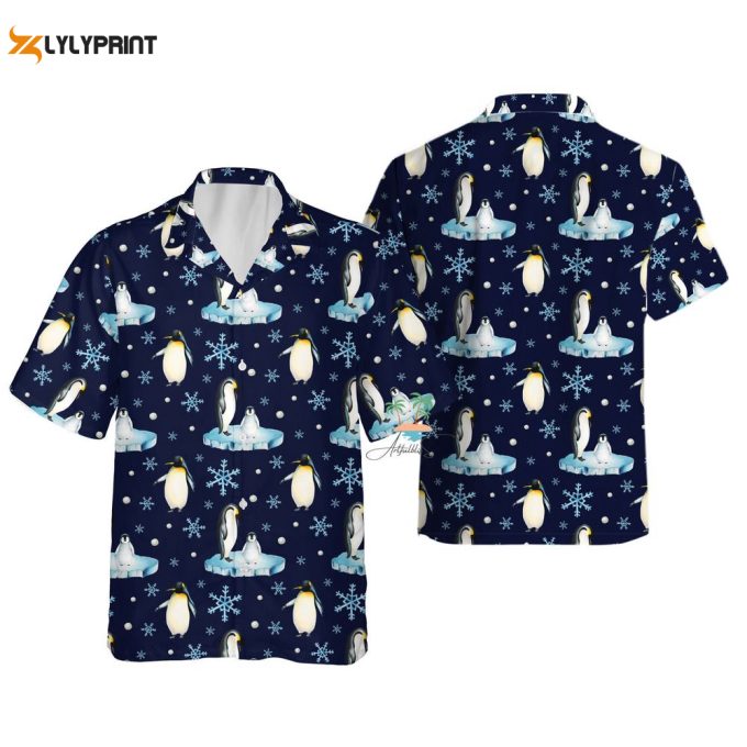 Snowflakes Penguin Hawaiian Shirt, Penguin Seamless Pattern Aloha Shirts 1