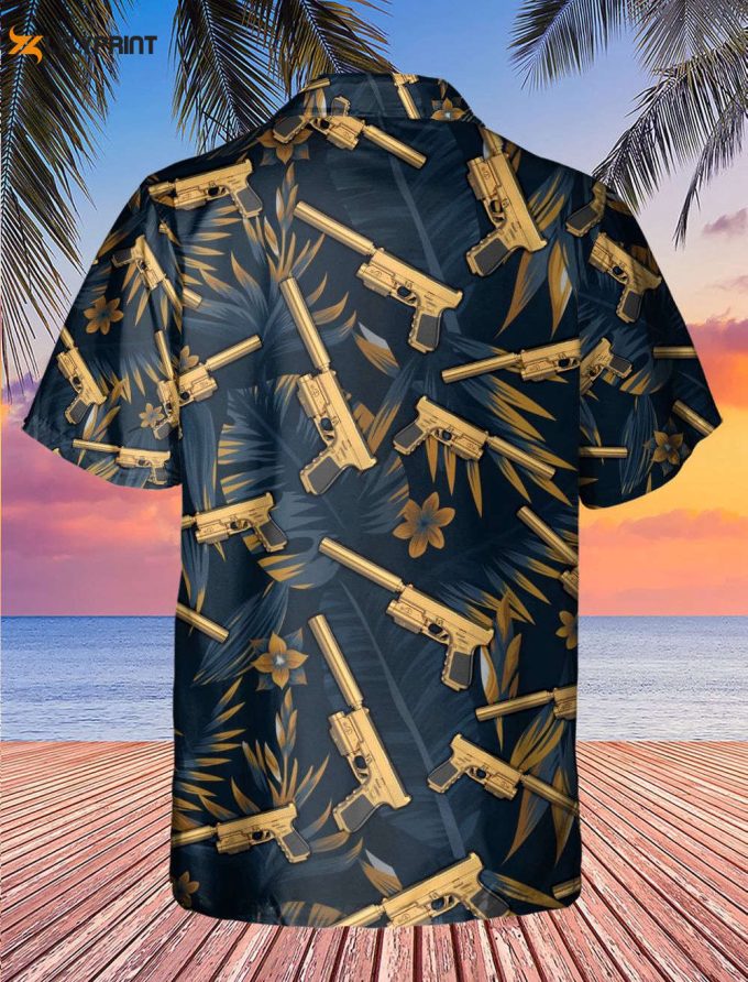 Tropical Short Gun Hawaiian Shirt, Luxury Golden Guns Black Aloha Shirt 2