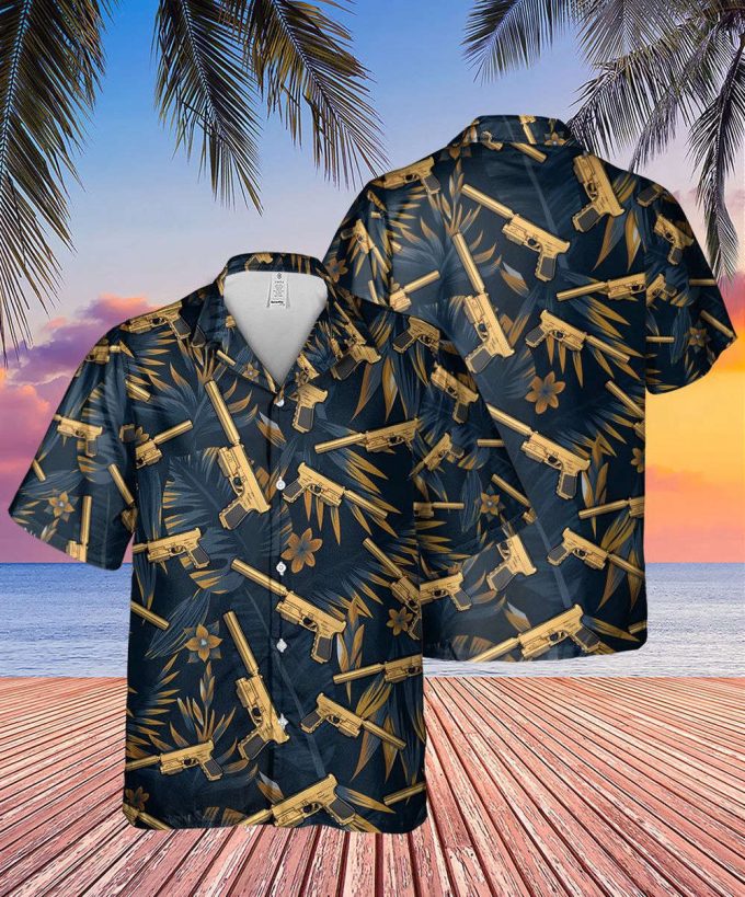 Tropical Short Gun Hawaiian Shirt, Luxury Golden Guns Black Aloha Shirt 3