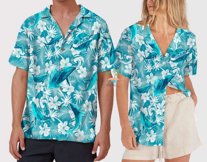 Whale Teal Hawaiian Shirt, Humpback Whale Hawaii Shirt 5