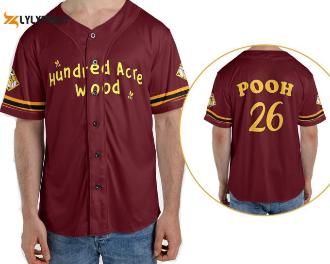 Winnie The Pooh Hundred Acre Wood 2 Sided Baseball Jersey Shirt, Disney Pooh Bear Sport 1