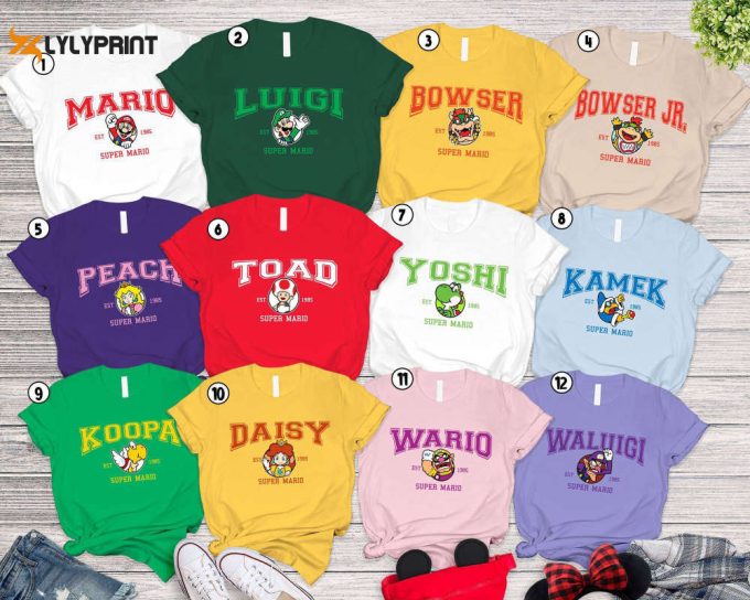 Custom Name Super Mario Family Matching T-Shirt | Super Mario Family Shirt | Group Costumes Mario Luigi Yoshi Peach Bowser Toad Shirt 1