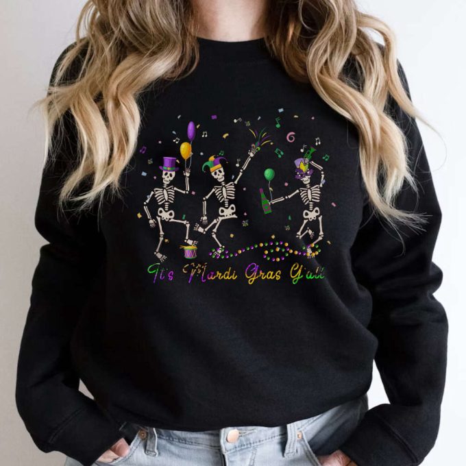 Funny Mardi Gras Shirt, Colorful Dancing Skeletons Shirt, Dancing Skeleton Sweatshirt, For Men Women 2