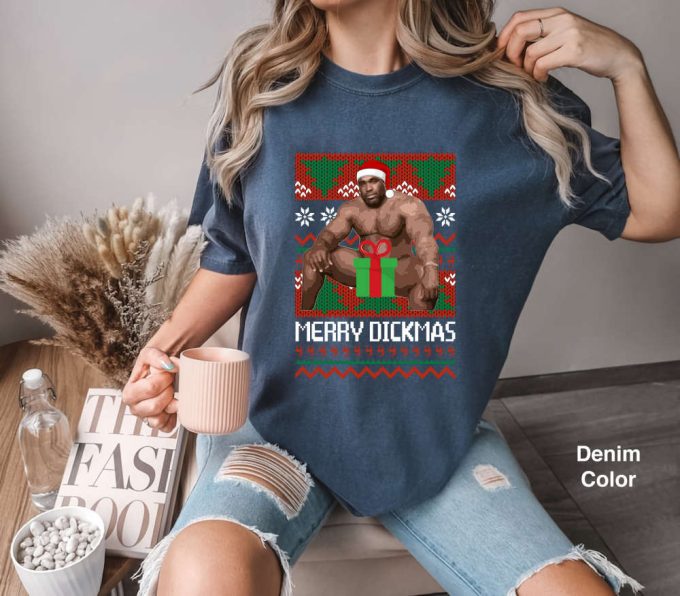 Merry Christmas Quotes Comfort Colors T-Shirt: Big Package Football Player On Bed Ugly Tee 5
