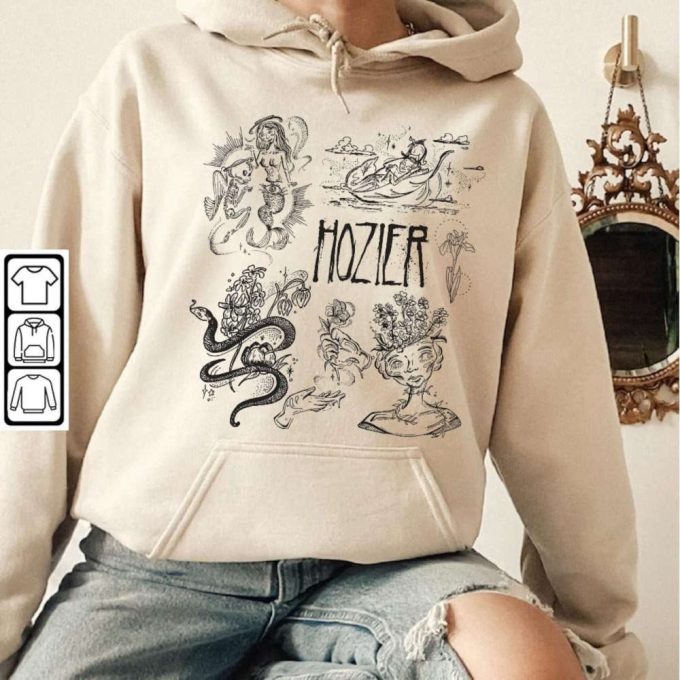 Hozier Doodle Art Shirt, Vintage Hozier Lyrics Art Tattoo Album Tour Sweatshirt Gift For Fan, 2024 Hozier Tour Unisex Hoodie 4