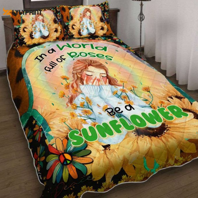 In A World Full Of Roses Be A Sunflower A Beautiful Sunflower Hippie Peace Quilt Bedding Set 1