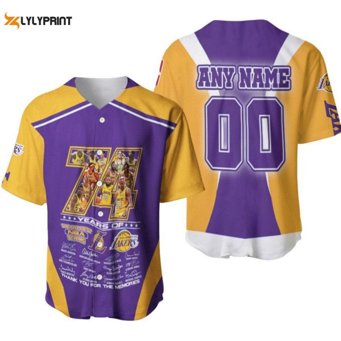 Los Angeles Lakers 74 Years Of Lakers The Greatest Teams Signatures Designed Allover Gift With Custom Name Number For Lakers Fans Baseball Jersey Gifts For Fans 1