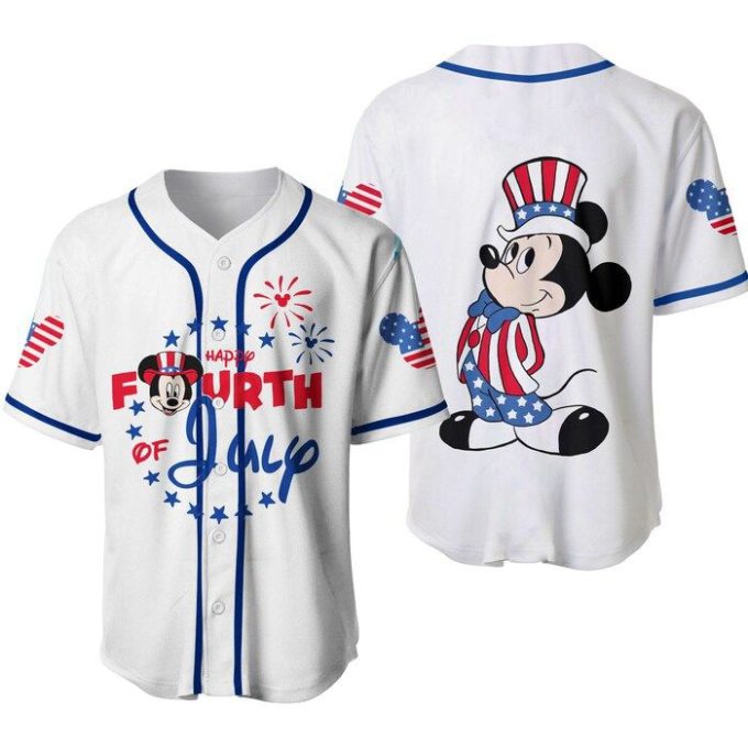 Mickey Mouse Happy 4Th Of July White Blue Disney Unisex Cartoon Graphics Casual Outfits Custom Baseball Jersey Gifts For Fans 2