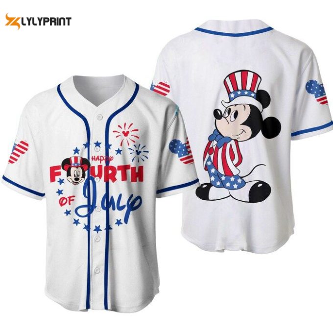 Mickey Mouse Happy 4Th Of July White Blue Disney Unisex Cartoon Graphics Casual Outfits Custom Baseball Jersey Gifts For Fans 1