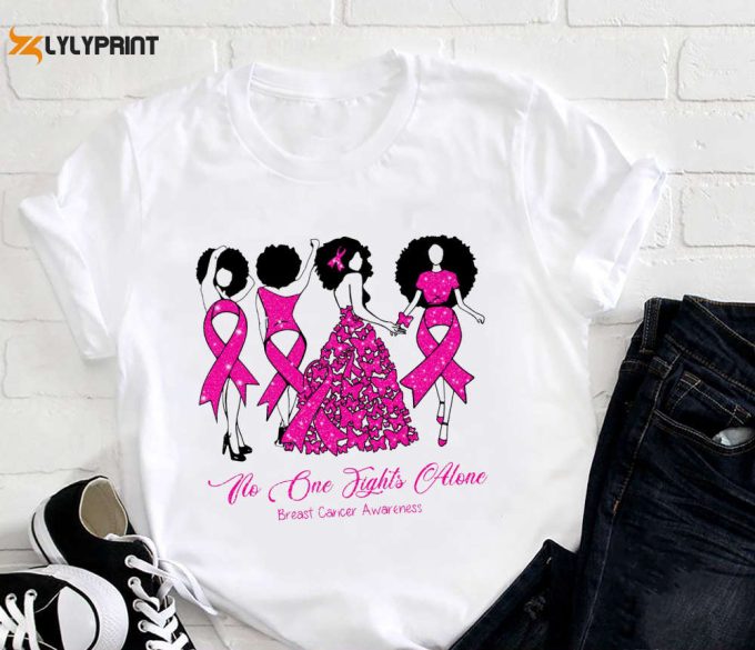 No One Fights Alone Pink Ribbon T-Shirt, Breast Cancer Awareness Shirt, For Men Women 1