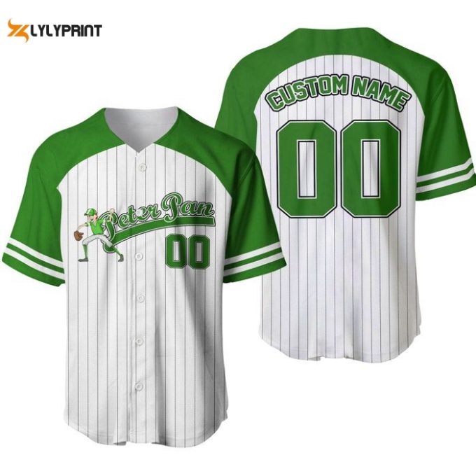 Peter Pan Striped Green White Unisex Cartoon Graphic Casual Outfit Custom Baseball Jersey Gifts For Fans 1