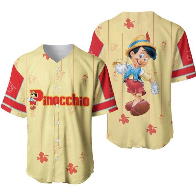 Pinocchio Yellow Red Blue Stripes Patterns Disney Unisex Cartoon Casual Outfits Custom Baseball Jersey Gifts For Fans 2