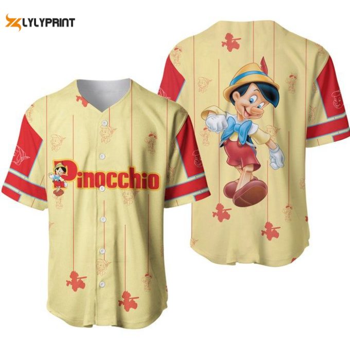 Pinocchio Yellow Red Blue Stripes Patterns Disney Unisex Cartoon Casual Outfits Custom Baseball Jersey Gifts For Fans 1