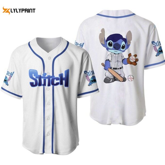 Stitch Blue White Disney Cartoons Graphics Unisex Casual Outfits Custom Baseball Jersey Gifts For Fans 1