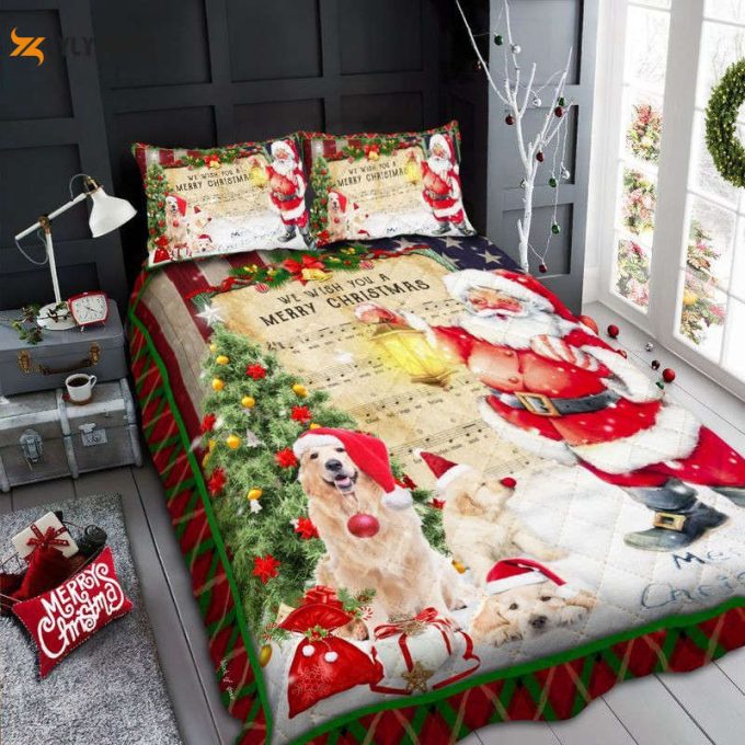 Dog Lovers Golden Retriever Santa We Wish You A Merry Christmas Quilt Bedding Set 1