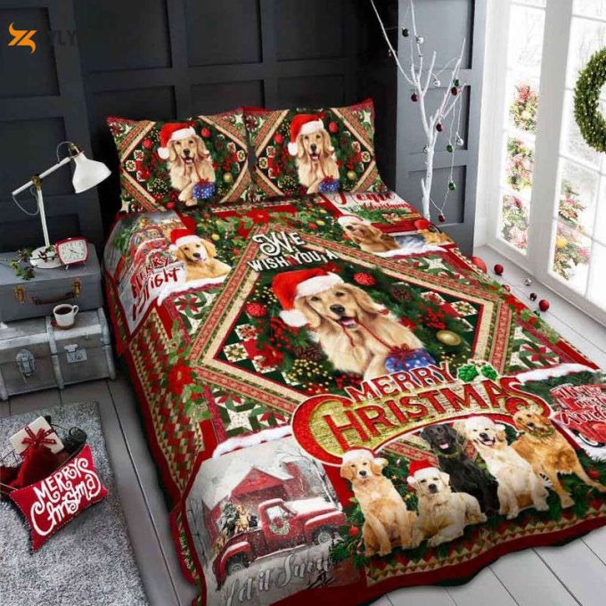 Dog Lovers Golden Retriever We Wish You A Merry Christmas Quilt Bedding Set 1