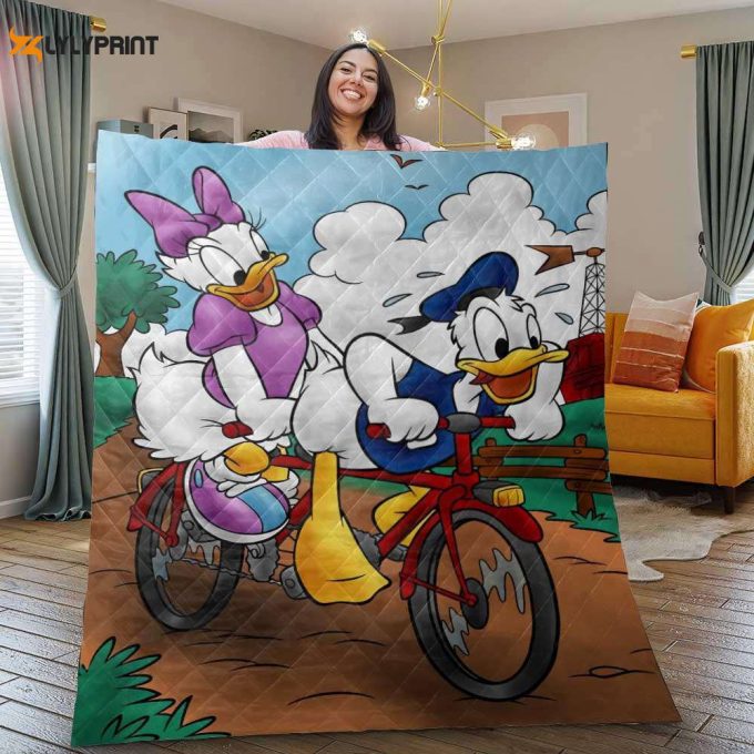 Donald Duck, Donald Duck Quilt Blanket, Donald Duck Gift For Fan, Donald Duck And Daisy Duck Riding A Bike Quilt Blanket 1