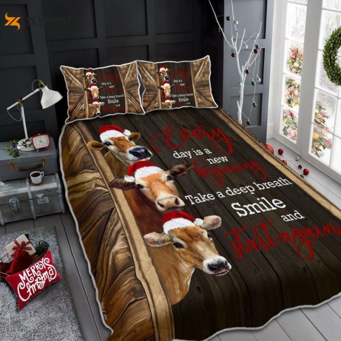 Every Day Is A New Beginning Take A Deep Breath Smile And Start Again Cow Christmas Quilt Bedding Set 1