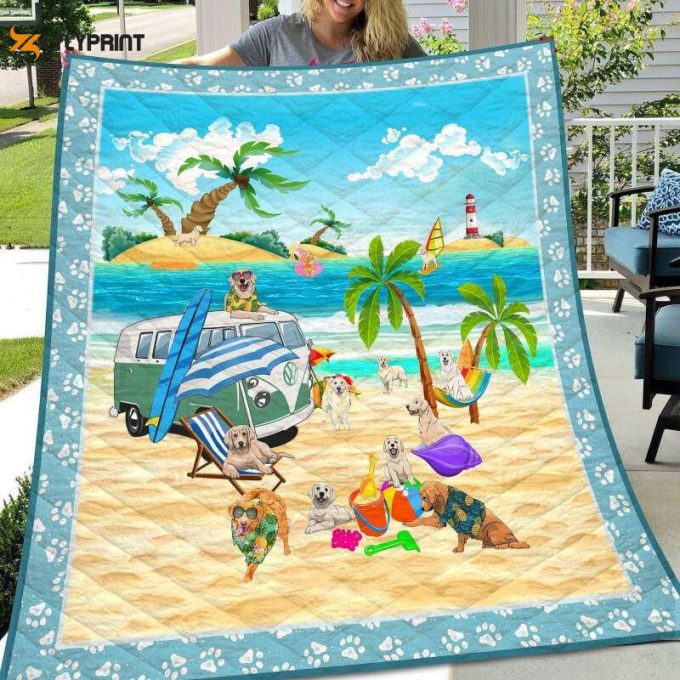 Golden Retriever Going Camping 3D Customized Quilt Blanket 1