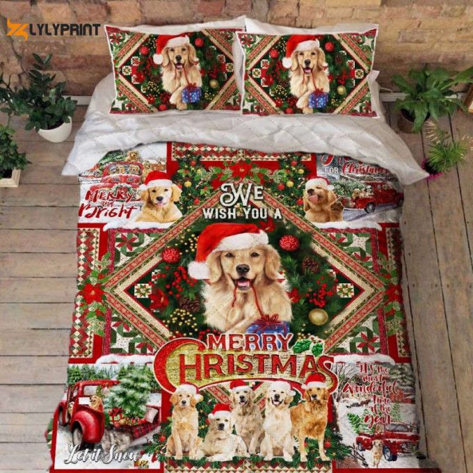 Golden Retriever. We Wish You A Merry Christmas Quilt Bedding Set 1