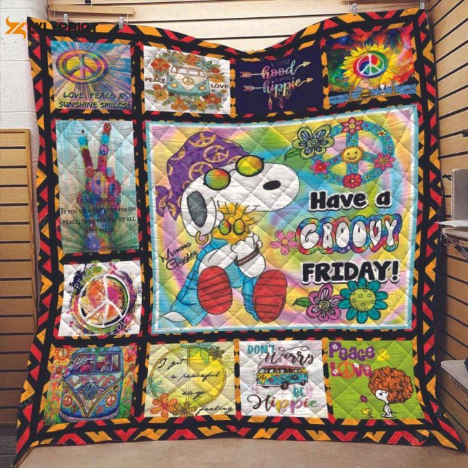 Hippie Snoopy With Groovy Flowers And Peace Love Symbol Snoopy Have A Groovy Friday Quilt Blanket 1