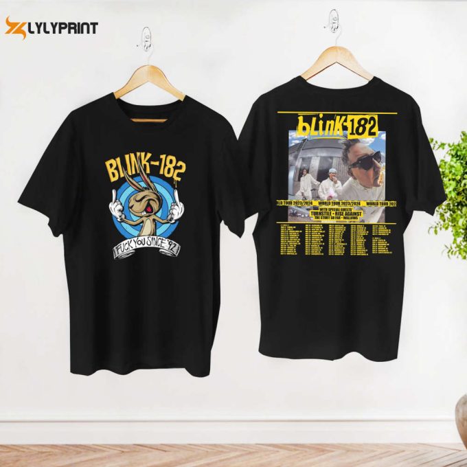 2024 Blink-182 Band World Tour Shirt, Blink Smile 182 Graphic T-Shirt, Blink 182 Fan Gift Shirt, Blink World Tour Merch, Arrow Smiley Shirt 1
