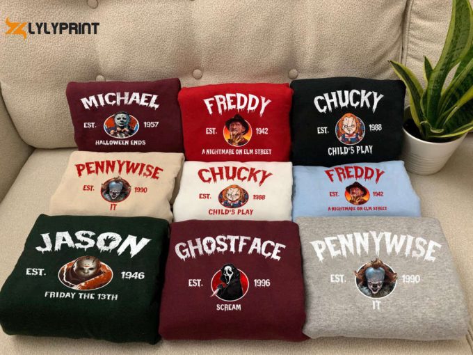 Horror Killers Sweatshirt, Halloween Horror Characters Shirt, Chucky, Ghostface, Scream, Freddy, Michael Myers, Jason, Halloween Shirt. 1