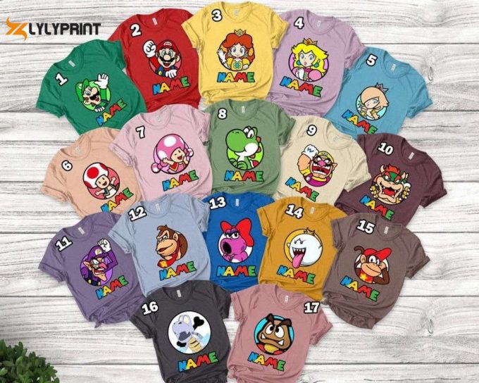 Personalized Super Mario T-Shirt, Birdo Donkey Kong Bowser Mario Luigi Peach Daisy Yoshi Koopa Toad Wario Waluigi Tanooki Shirt 1