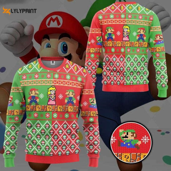 Super Mario Sweater, Super Mario Christmas Sweater, Princess Peach Video Game Xmas Sweatshirt 1