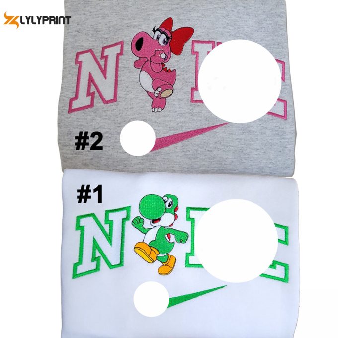 Birdo And Yoshi Embroidered Sweatshirt, Cute Embroidered Crewneck, Embroidery Fall Hoodie, Cute T-Shirt 1