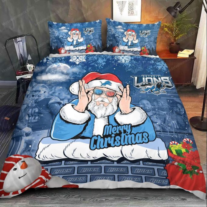 Detroit Lions Christmas Santa Claus Duvet Cover Bedding Set Gift For Fans 2