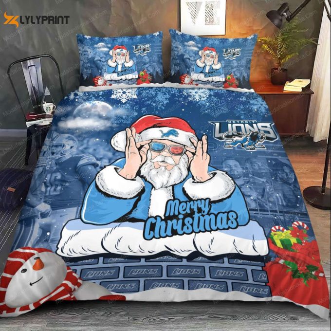 Detroit Lions Christmas Santa Claus Duvet Cover Bedding Set Gift For Fans 1