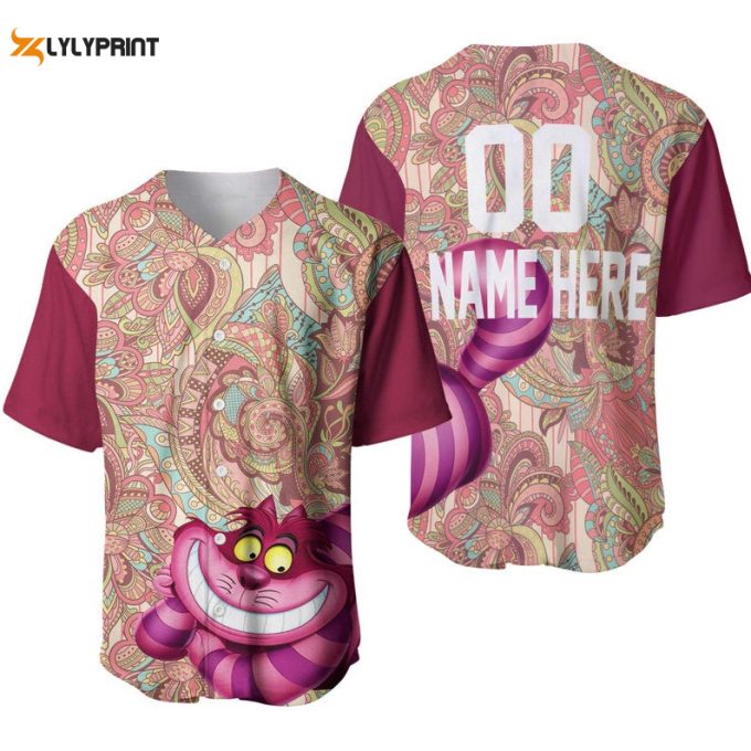 Personalized Cheshire Cat Disney Flowery Pattern All Over Print Baseball Jersey 1