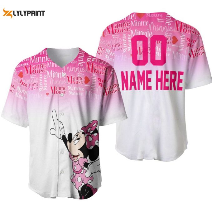 Personalized Minnie Mouse Quotes Pattern All Over Print Baseball Jersey - Ombre Pink White 1