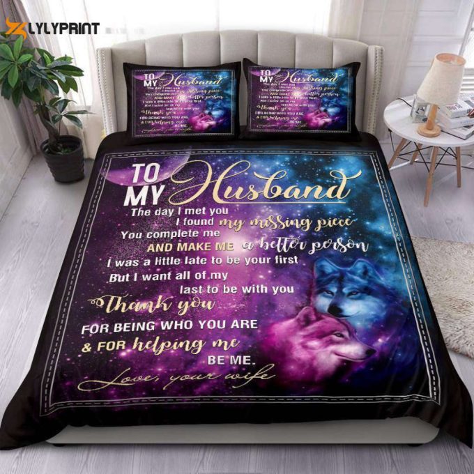 To My Hus Band Wolf Galaxy Duvet Cover Bedding Set Gift For Fans 1